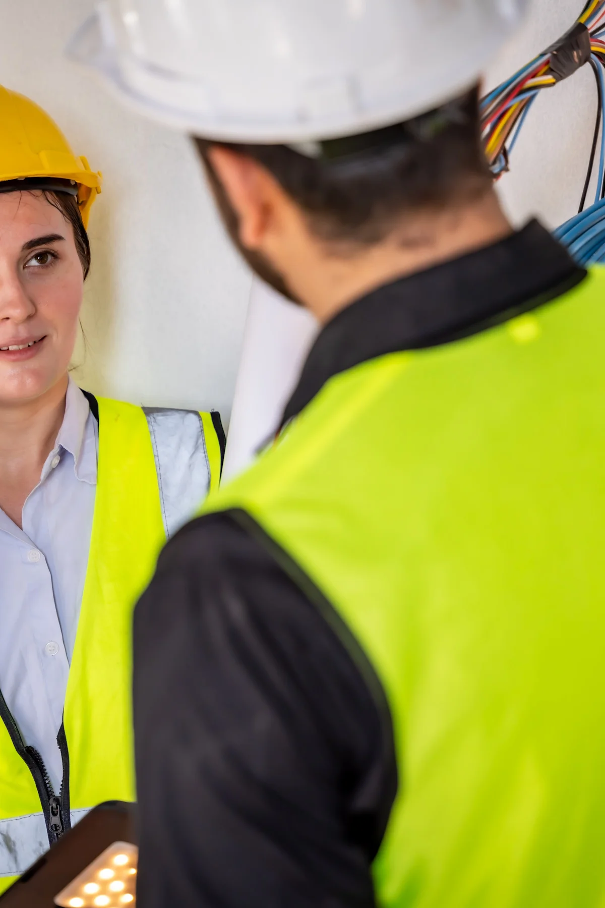 Engineer inspect building structure technicians looking at analy